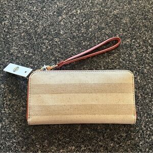 NWT Fossil Sydney Wallet Wristlet Neutral Stripe Peach Leather Accordion Clutch